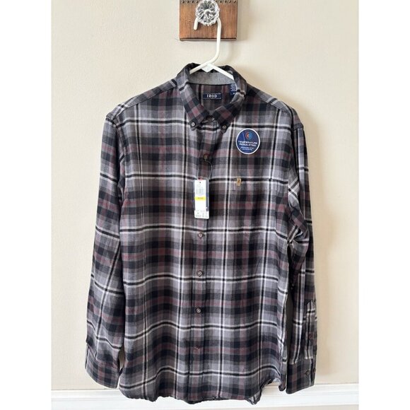 NWT Izod Mens Size Medium Gray Plaid Flannel Shirt Temp Regulating - Picture 1 of 5